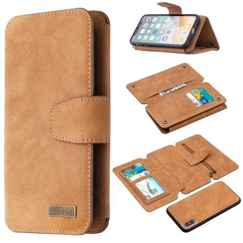 Detachable Frosted Magnetic Horizontal Flip Leather Case with Card Slots & Holder & Zipper Wallet & Photo Frame For iPhone XS / X(Brown)
