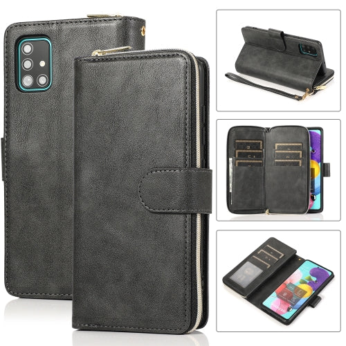 For Samsung Galaxy A51 5G Zipper Wallet Bag Horizontal Flip PU Leather Case with Holder & 9 Card Slots & Wallet & Lanyard & Photo Frame(Black)