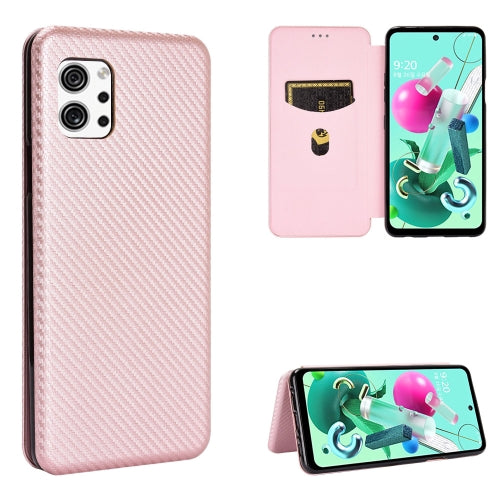 For LG Q92 5G Carbon Fiber Texture Magnetic Horizontal Flip TPU + PC + PU Leather Case with Card Slot(Pink)