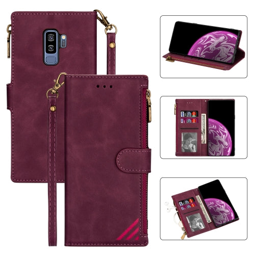 For Samsung Galaxy S9 Plus Zipper Multi-card Slots Horizontal Flip PU Leather Case with Holder & Card Slots & Wallet & Lanyard & Photo Frame(Wine Red)