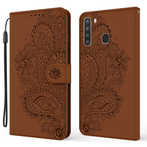 For Samsung Galaxy A21(EU Version) Peacock Embossed Pattern Horizontal Flip Leather Case with Holder & Card Slots & Wallet & Lanyard(Brown)