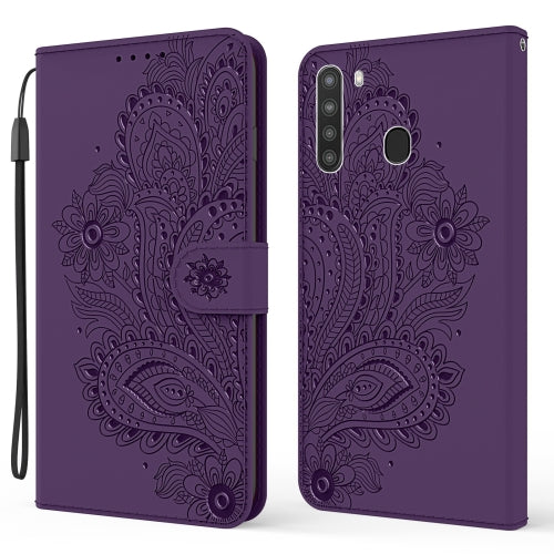 For Samsung Galaxy A21(US Version) Peacock Embossed Pattern Horizontal Flip Leather Case with Holder & Card Slots & Wallet & Lanyard(Purple)