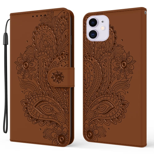 For iPhone 11 Peacock Embossed Pattern Horizontal Flip Leather Case with Holder & Card Slots & Wallet & Lanyard(Brown)