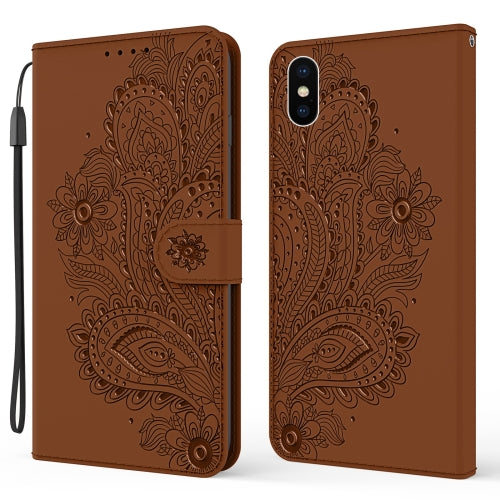 For iPhone X / XS Peacock Embossed Pattern Horizontal Flip Leather Case with Holder & Card Slots & Wallet & Lanyard(Brown)