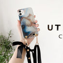 Marble Pattern Sequins Ribbon Bow TPU Protective Case with Neck Strap For iPhone 11(Dark Blue)