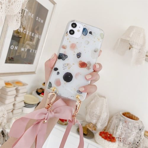 Gold Foil Style Dropping Glue Ribbon Bow TPU Protective Case with Neck Strap For iPhone 11 Pro Max(Ink Dot)