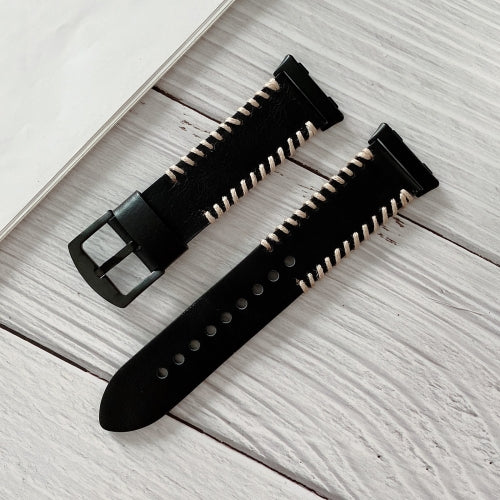 For OPPO Watch 46mm Fish Bone Hand Suture Leather Replacement Strap Watchband(Black)