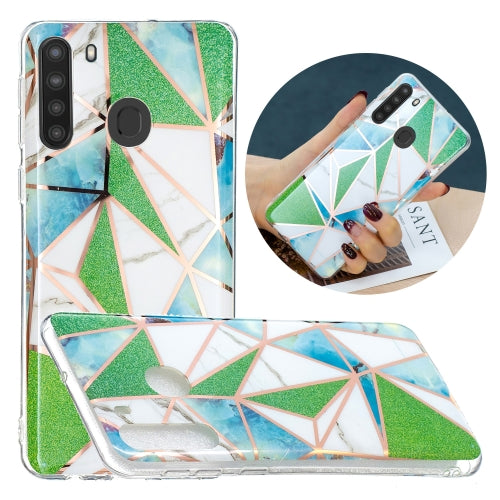 For Samsung Galaxy A21 Flat Plating Splicing Gilding Protective Case(Green Triangle Body Color Matching)