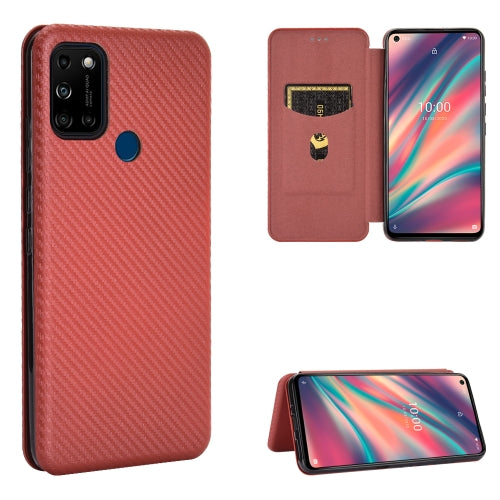 For Wiko View5 Plus Carbon Fiber Texture Magnetic Horizontal Flip TPU + PC + PU Leather Case with Card Slot(Brown)