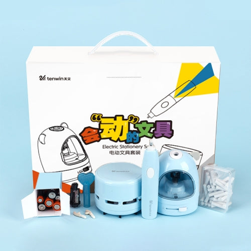 Astronomy Electric Pencil Sharpener Net Red Student Stationery Set Gift Box Desktop Vacuum Cleaner Eraser Pen Knife (Blue)