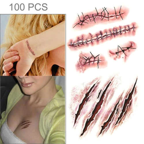 S-165 100 PCS Halloween Terror Wound Realistic Scratches Injury Scar Temporary Tattoo Sticker
