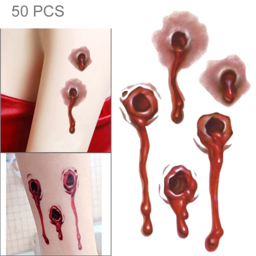 S-251 50 PCS Halloween Terror Realistic Bullet Wound Blood Temporary Tattoo Sticker