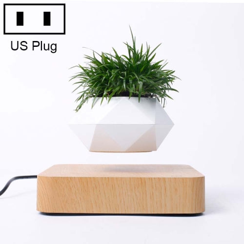 Diamond Plastic Flower Pot + Light Wood Grain Base Magnetic Levitation Potted Plant Home Decoration, US Plug
