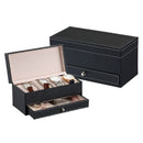 Watch Box Large 4 Slots Carbon Fiber Leather Display Glass Top with Jewelry Box Case Organizer Tray(Black)