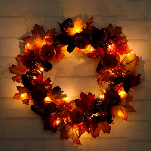 60cm Halloween Christmas Pumpkin Pine Cone Maple Wreath Home Decoration Pendant with Light