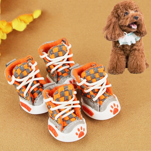 4 PCS New Style Woven Belt Comfortable Pet Dog Shoes Small Dogs Shoes, Length: 5.2cm, Width: 4.5cm (Orange)