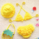 Baby Girl Bikini Lace 3 Pieces Bikini Set Cute Swimsuit with Hat, Size: L(Yellow)