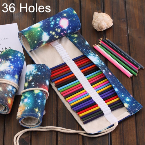 36 Slots Cosmic Galaxy Print Pen Bag Canvas Pencil Wrap Curtain Roll Up Pencil Case Stationery Pouch