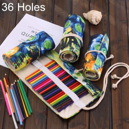 36 Slots Van Gogh Oil Painting Print Pen Bag Canvas Pencil Wrap Curtain Roll Up Pencil Case Stationery Pouch
