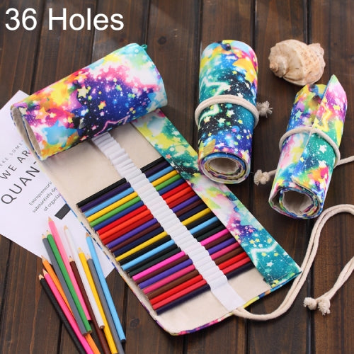 36 Slots Starry Sky Print Pen Bag Canvas Pencil Wrap Curtain Roll Up Pencil Case Stationery Pouch