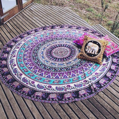 Printed Elephant and Flower Pattern Round Summer Bath Towel Sand Beach Towel Shawl Scarf, Size: 150 x 150cm