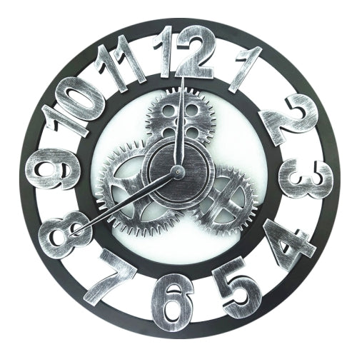 Retro Wooden Round Single-sided Gear Clock Number Wall Clock, Diameter: 40cm (Silver)