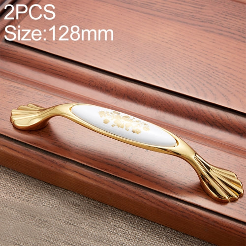 2 PCS 5026_128 Golden Flower Pattern Zinc Alloy Ceramic Cyan Cabinet Drawer Handle