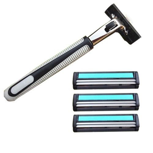 Set Of Washable Manual Razor With Stainless Steel-Made Double Layer Classic Blade And Rubber Handle(black+silver)