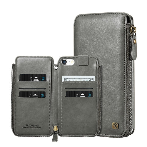 FLOVEME for iPhone 6 Plus & 6s Plus Crazy Horse Texture Zipper Horizontal Flip Protective Leather Case with Card Slots & Wallet & Lanyard (Grey)