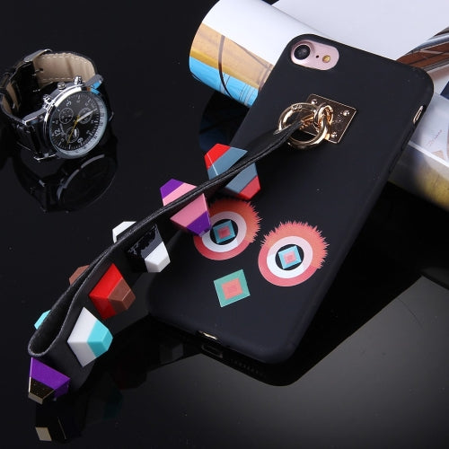 For iPhone 7 Round Eyes Pattern Soft TPU Protective Back Cover Case with Rivet Lanyard(Black)