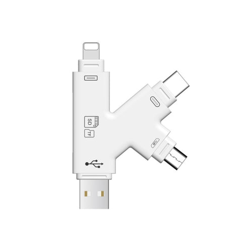 4 in 1 USB 2.0 & Micro USB & USB-C / Type-C & 8 Pin Universal Multi-function TF / SD Card Reader (White)