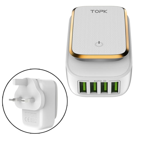 TOPK 4405 4.4A 4 Ports LED Light USB Charger Travel Adapter, US Plug + UK Conversion Head