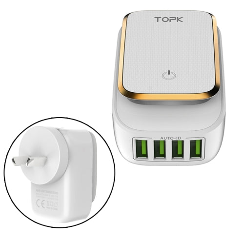 TOPK 4405 4.4A 4 Ports LED Light USB Charger Travel Adapter, US Plug + AU Conversion Head