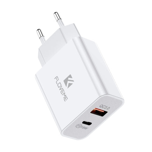 FLOVEME 18W PD + QC 3.0 Dual USB Travel Fast Charger Power Adapter, EU Plug(White)