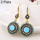 2 Pairs Ethnic Sun Flower Style Rhinestone Earrings Long Earbobs(Gold+Light Blue)