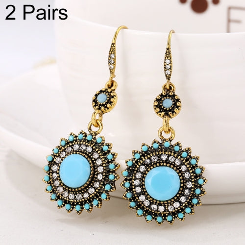 2 Pairs Ethnic Sun Flower Style Rhinestone Earrings Long Earbobs(Gold+Light Blue)