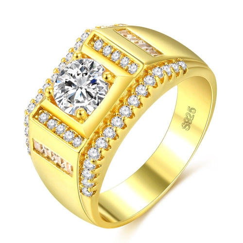 Fashion New Style Gold Plated + AAA Zircon Inlaid Rhinestone Men Diamond Ring, Size: 12, Diameter: 21.4mm, Perimeter: 67.2mm