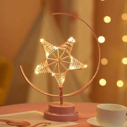 Star Moon Shape Iron Night Light Decorative Light, Battery Version (Pink)