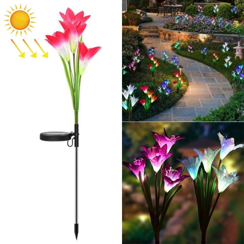 Simulated Lily Flower 4 Heads Solar Powered Outdoor IP55 Waterproof LED Decorative Lawn Lamp, Colorful Light (Pink)