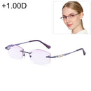 Women Rimless Rhinestone Trimmed Purple Presbyopic Glasses, +1.00D