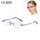 Women Rimless Rhinestone Trimmed Purple Presbyopic Glasses, +3.50D