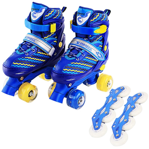 Children Full-flash White Double-row Roller Skates Skating Shoes, Straight Row+Double Row Wheel, Size : L(Blue)