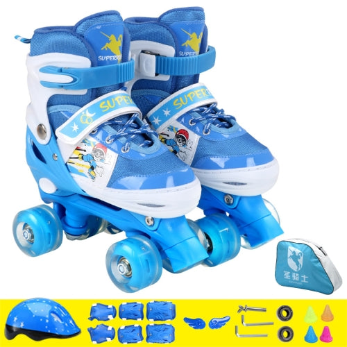 Adjustable Full Flash Children Double Row Four-wheel Roller Skates Skating Shoes Set, Size : L(Blue)