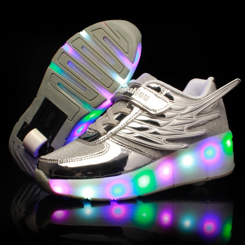 K03 LED Light Single Wheel Wing Mesh Surface Roller Skating Shoes Sport Shoes, Size : 29 (Silver)