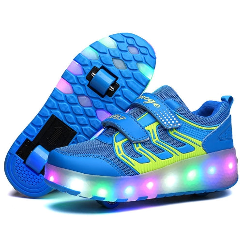 WS01 LED Light Ultra Light Mesh Surface Rechargeable Double Wheel Roller Skating Shoes Sport Shoes, Size : 38(Blue)