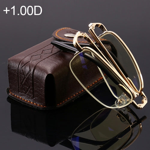 Folding Anti Blue-ray Presbyopic Reading Glasses with Case & Cleaning Cloth, +1.00D(Gold)