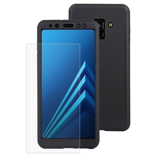 360 Degrees Full Coverage Detachable Protective Cover Case for Galaxy A8 (2018), with Tempered Glass Film (Black)
