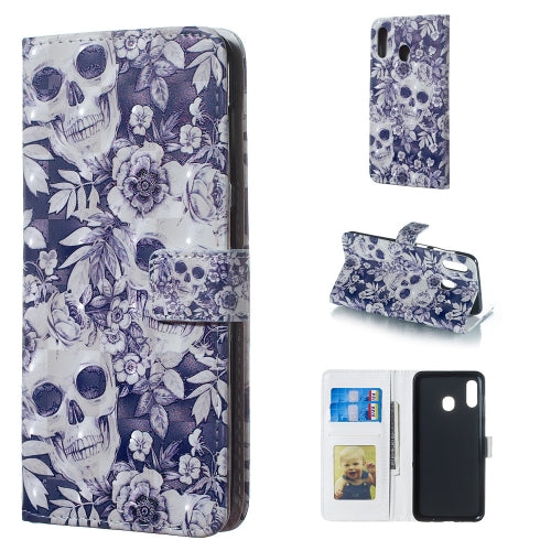 Skull and Flower Pattern 3D Horizontal Flip Leather Case for Galaxy A30, with Holder & Card Slots & Photo Frame & Wallet
