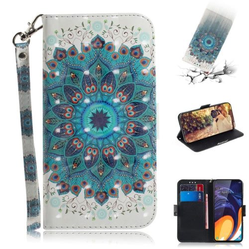 3D Colored Drawing Peacock Wreath Pattern Horizontal Flip Leather Case for Galaxy A60, with Holder & Card Slots & Wallet