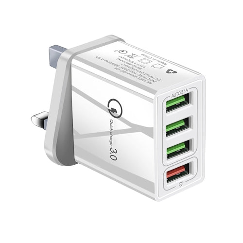 30W QC 3.0 USB + 3 USB 2.0 Ports Mobile Phone Tablet PC Universal Quick Charger Travel Charger, UK Plug(White)